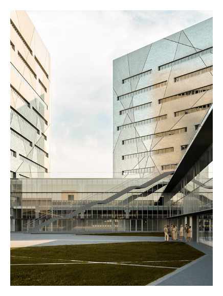 New Polytechnic School, Genoa. Rendering of a contemporary university courtyard with green lawn and glass façades, surrounded by tall institutional buildings featuring angular geometries and vertical cuts in the cladding.