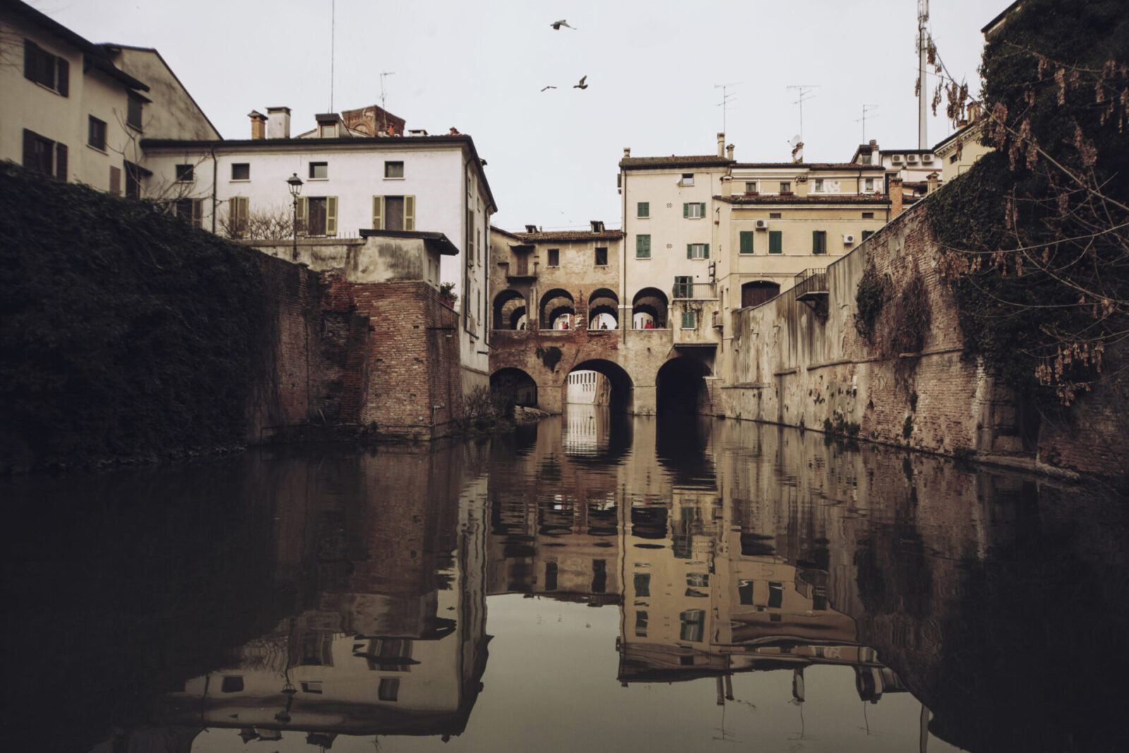 Pescherie di Giulio Romano, Mantova. Veduta frontale delle Pescherie di Giulio Romano a Mantova, con il complesso storico che si sviluppa ad arco sopra il Rio. Le arcate in mattoni e i riflessi sull’acqua creano un’atmosfera suggestiva. Sullo sfondo si distinguono edifici residenziali con persiane verdi e tetti a falda, mentre alcuni uccelli volano nel cielo coperto.