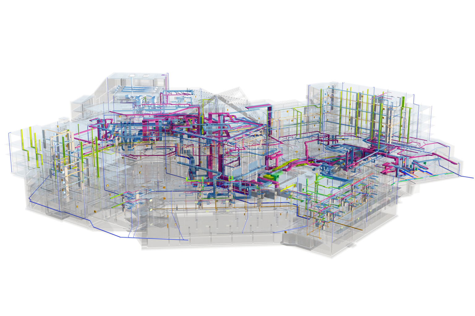 Lefay Dolomites, Pinzolo. Three-dimensional digital (BIM) model of a complex building, highlighting the integrated MEP systems. Pipes, ducts, and technical networks are shown in various colors to differentiate between disciplines (electrical, plumbing, HVAC, fire protection, etc.). The transparent architectural structure reveals the spatial distribution and interconnection of the systems within the building.