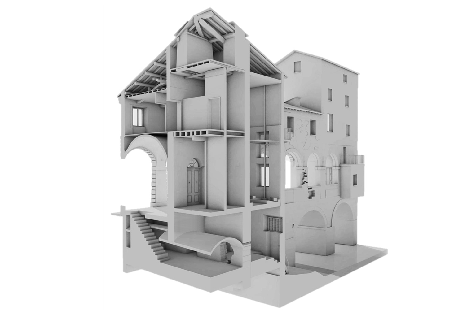 Pescherie by Giulio Romano, Mantua. Black-and-white digital model of a historic building shown in axonometric section, revealing the internal architectural structure across multiple levels. Visible elements include walls, arches, staircases, vaulted ceilings, and wooden roofs, highlighting the original construction features. The visualization emphasizes the spatial and stratigraphic complexity of the property.