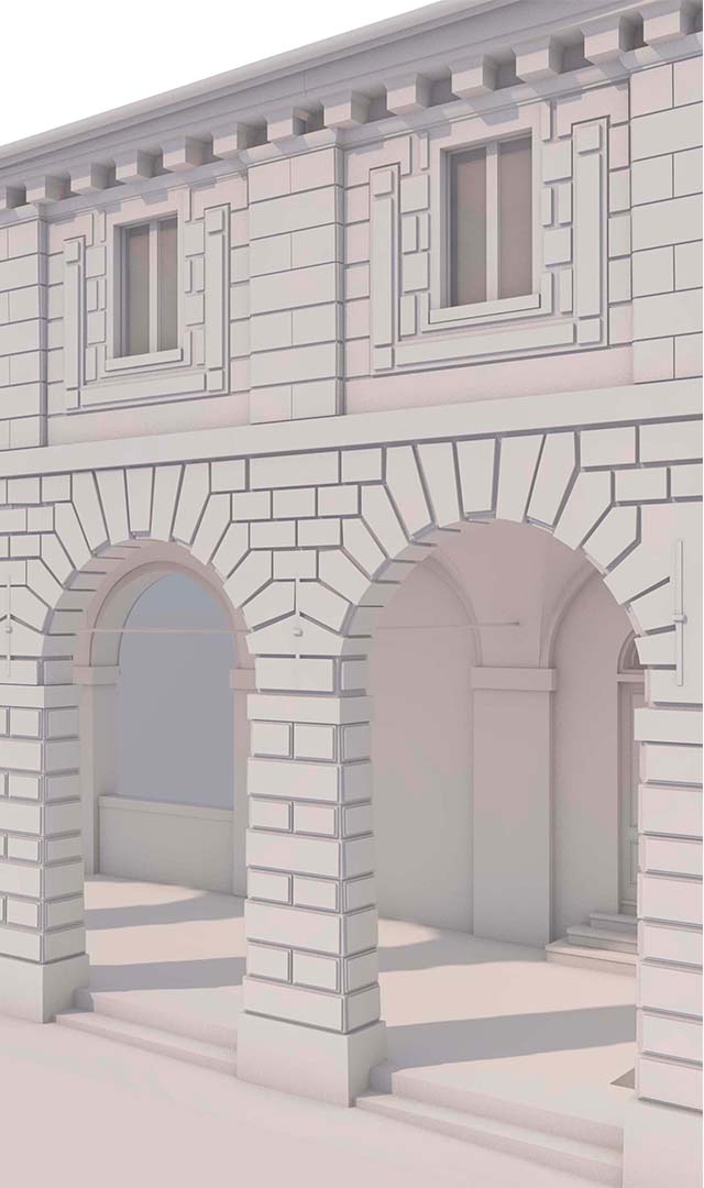 Pescherie by Giulio Romano, Mantua. Three-dimensional digital model of a historic arched façade, rendered in neutral tones. The image highlights the ground floor with rusticated semicircular arches and fluted pillars, and the upper floor with windows framed by classical decorative elements. The stylized appearance emphasizes the architectural geometry of the building.
