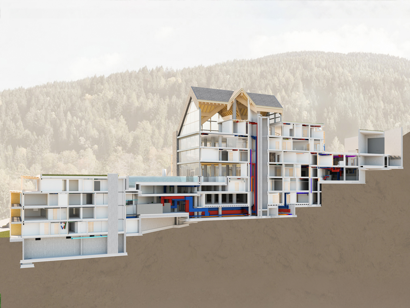 Lefay Dolomites, Pinzolo. Detailed architectural section of a multi-storey building on a sloping terrain, featuring a gabled wooden roof. The 3D model highlights the functional layout, integrated MEP systems, and underground levels, set in a mountainous context with a forested backdrop.