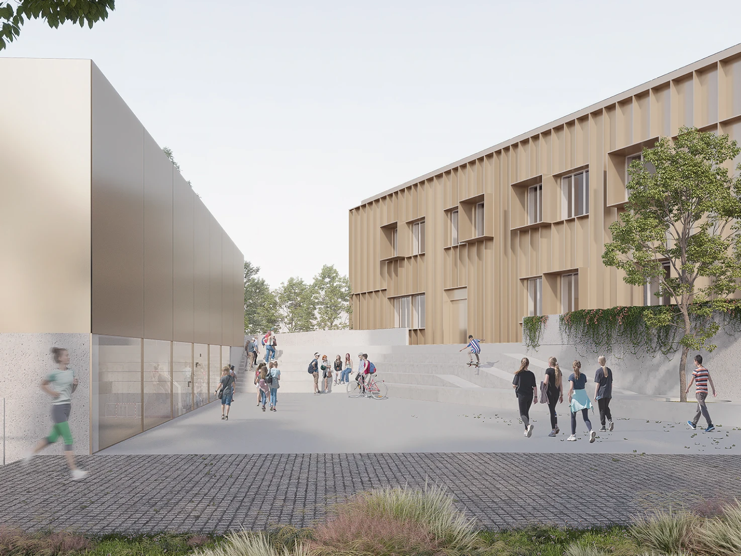 New school project in Ghedi, Brescia. Outdoor courtyard of the modern school building with bronze-colored metal façades and recessed windows; students walk, gather, and use skateboards and bicycles in an open, accessible urban space.