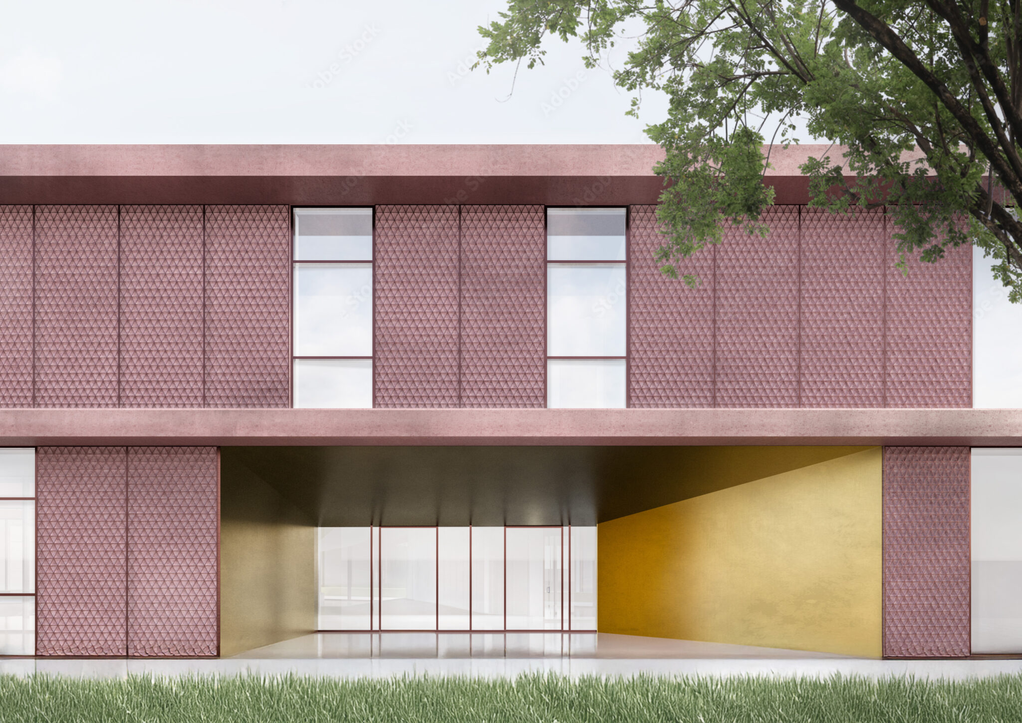 New school campus, Montirone, Brescia. Modern architectural rendering of a two-story building featuring a red geometric façade with vertical window strips, a recessed golden entrance area, and a minimal, clean aesthetic. A tree partially frames the right side of the image and a strip of green grass lines the foreground.