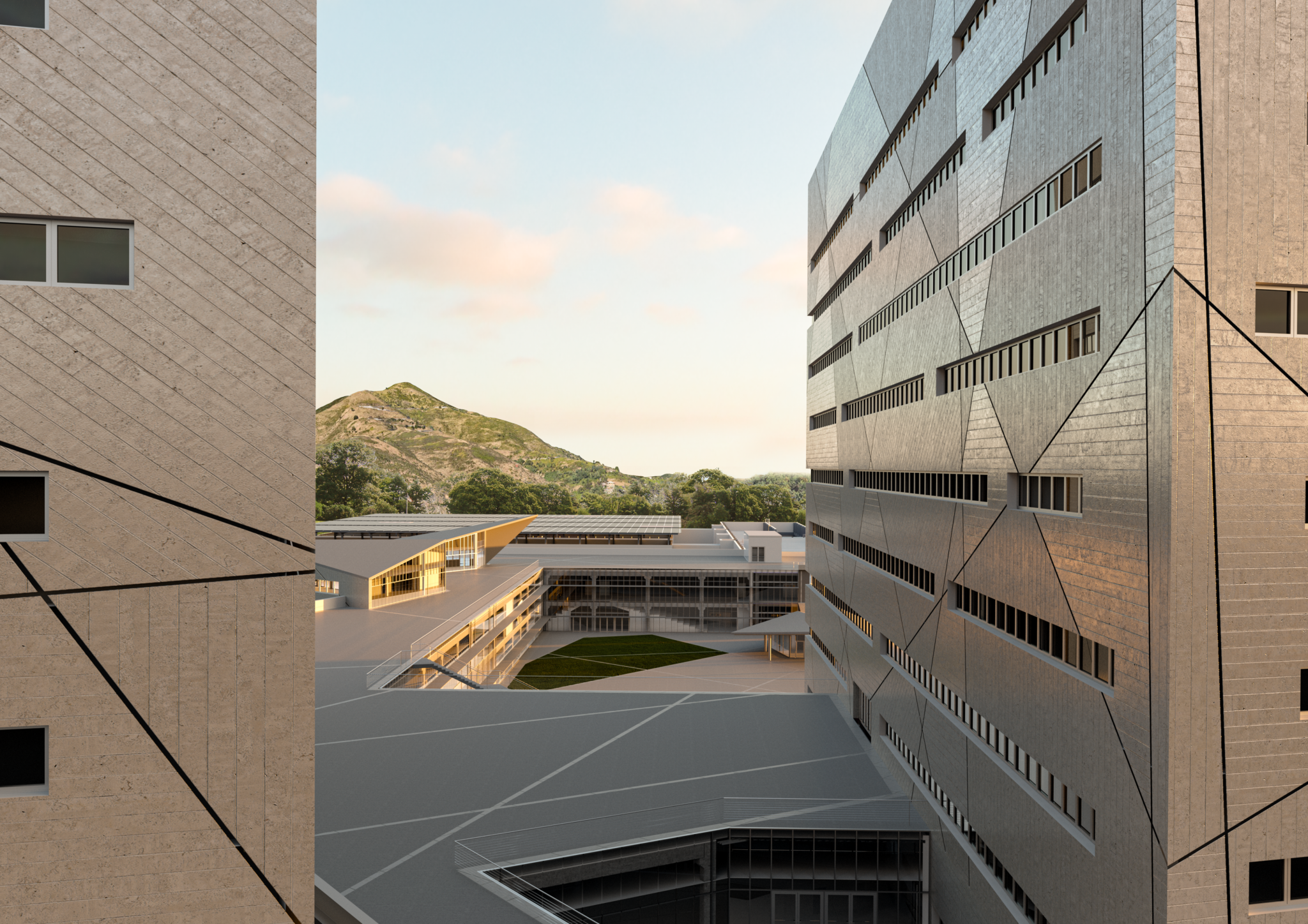 New Polytechnic School, Genoa. Architectural view of the complex as seen from the surrounding towers, featuring modern buildings, articulated volumes, and open spaces integrated into the urban context.