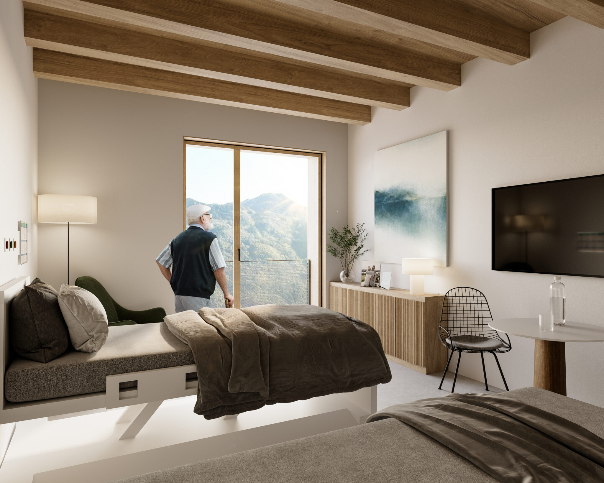 New Care Home, Edolo. Rendering of a bright double room with natural wood finishes, adjustable beds, minimalist furnishings, and large windows offering panoramic mountain views. The space conveys calm, comfort, and residential quality, with a focus on hospitality and therapeutic design.