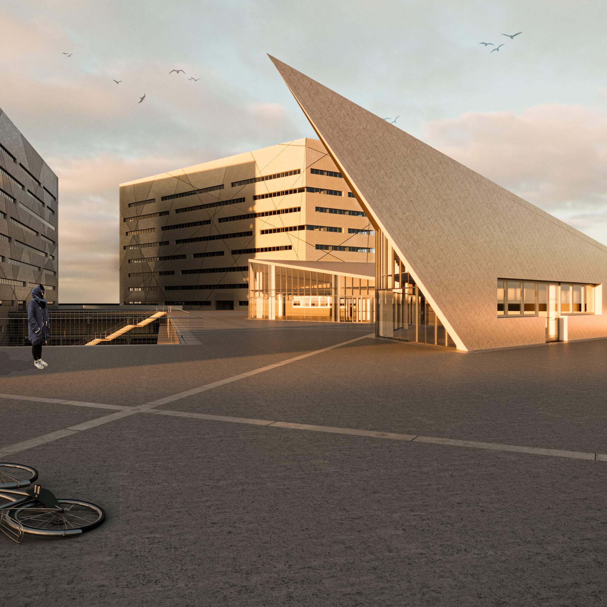 New Polytechnic School, Genova. Architectural rendering of the New Hub, featuring bold geometries and angular forms. In the foreground, a triangular building with sloped façade and large windows glows in the warm sunset light. In the background, linear volumes with dark incisions frame a spacious pedestrian plaza.