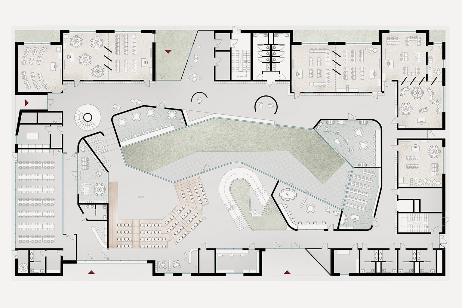 New school campus, Montirone, Brescia. Architectural floor plan of the school facility featuring a large central multifunctional space (agorà), surrounded by classrooms, labs, and communal areas. The layout highlights fluid spatial organization, integration of indoor and outdoor zones, and a central landscaped area.