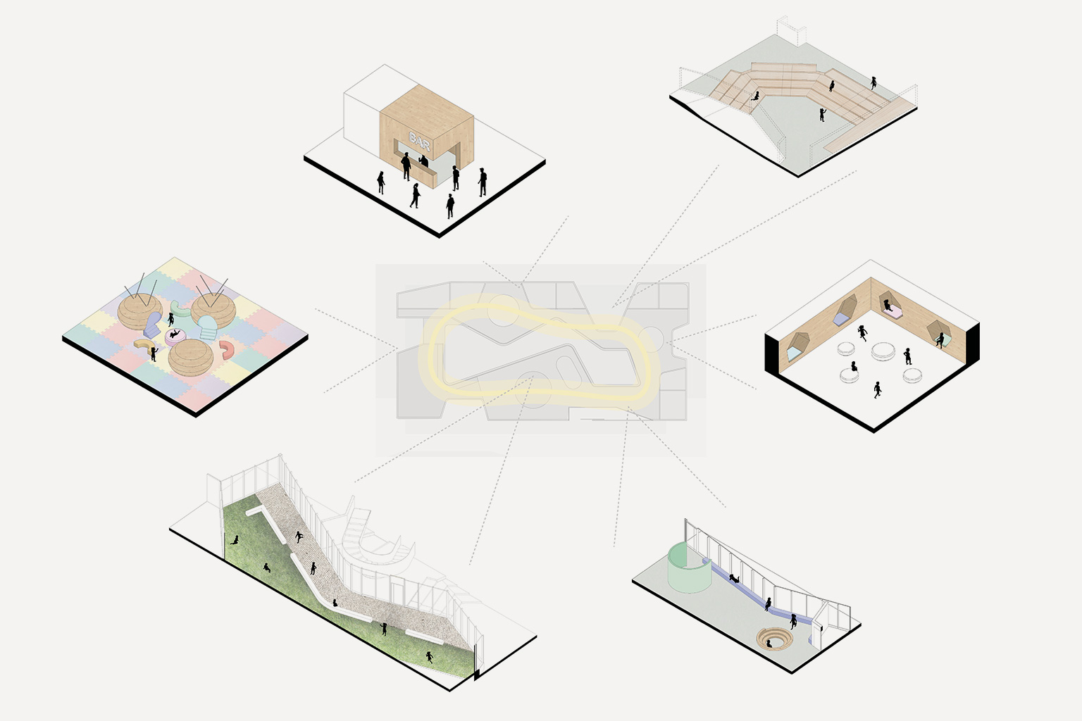 New school campus, Montirone, Brescia. Axonometric diagram of an urban design project featuring six micro-environments for play, recreation, and social interaction, all connected by a central yellow-highlighted path. Each zone includes different functions: bar area, stepped seating for events, reading and relaxation lounge, children’s play area, sports court, and a zone with swings and water play.