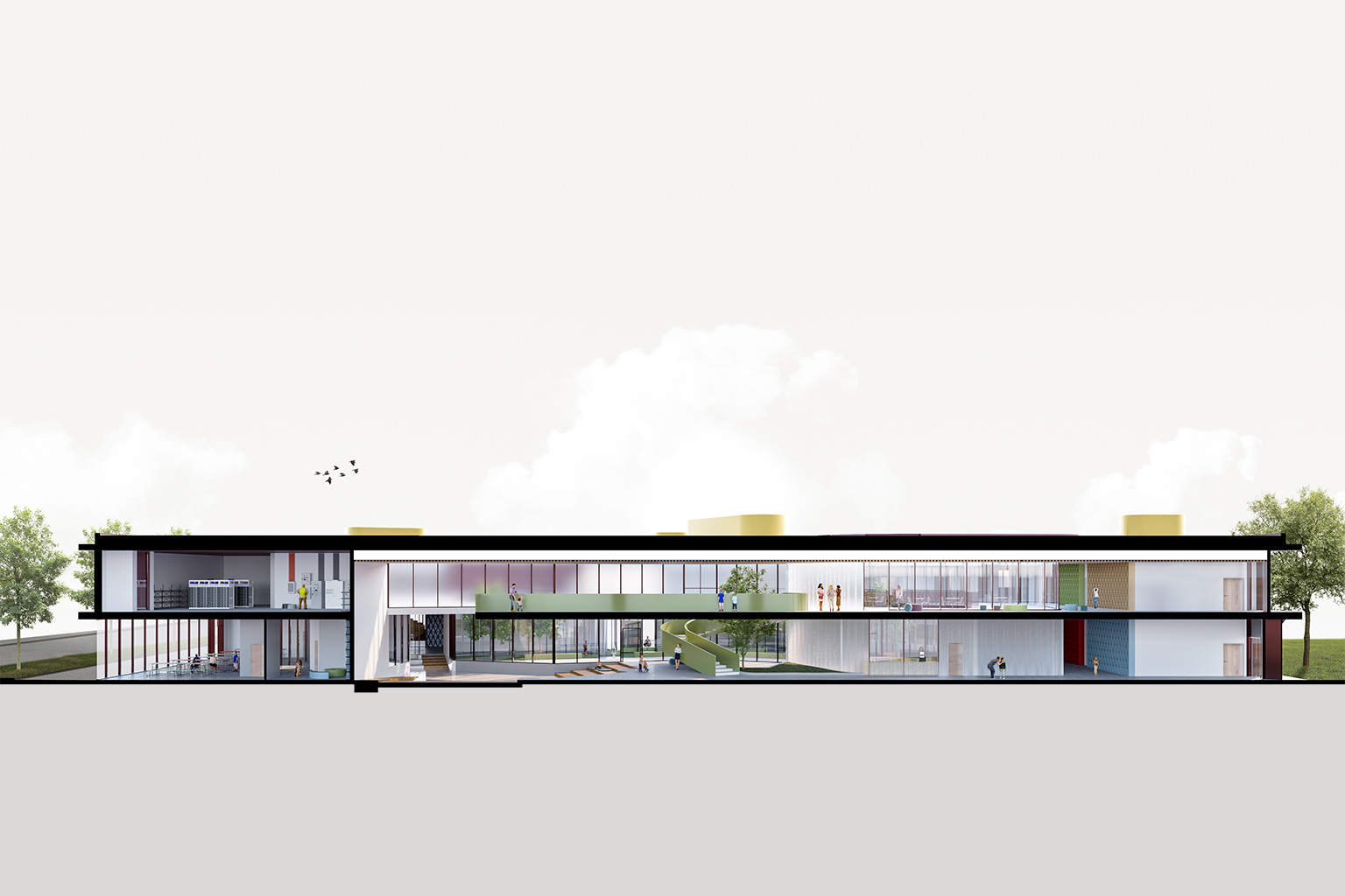 New school campus, Montirone, Brescia. Perspective section of the modern two-story school building featuring large glazed facades, educational spaces arranged on staggered levels, and a central connecting ramp. The design emphasizes transparency, spatial continuity, and a strong indoor-outdoor relationship.