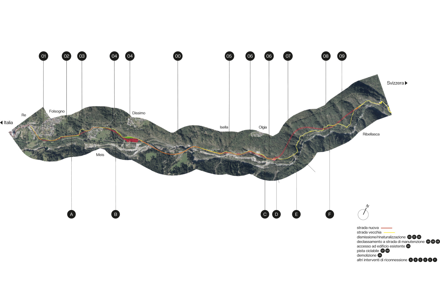State Road, Val Vigezzo. Aerial map of the Vigezzo Valley between Re and Ribellasca, showing new and old road routes, decommissioning, renaturalization, reconnection and demolition interventions, as well as access points to existing buildings and sections of cycle paths, illustrated with colored lines and explanatory symbols.