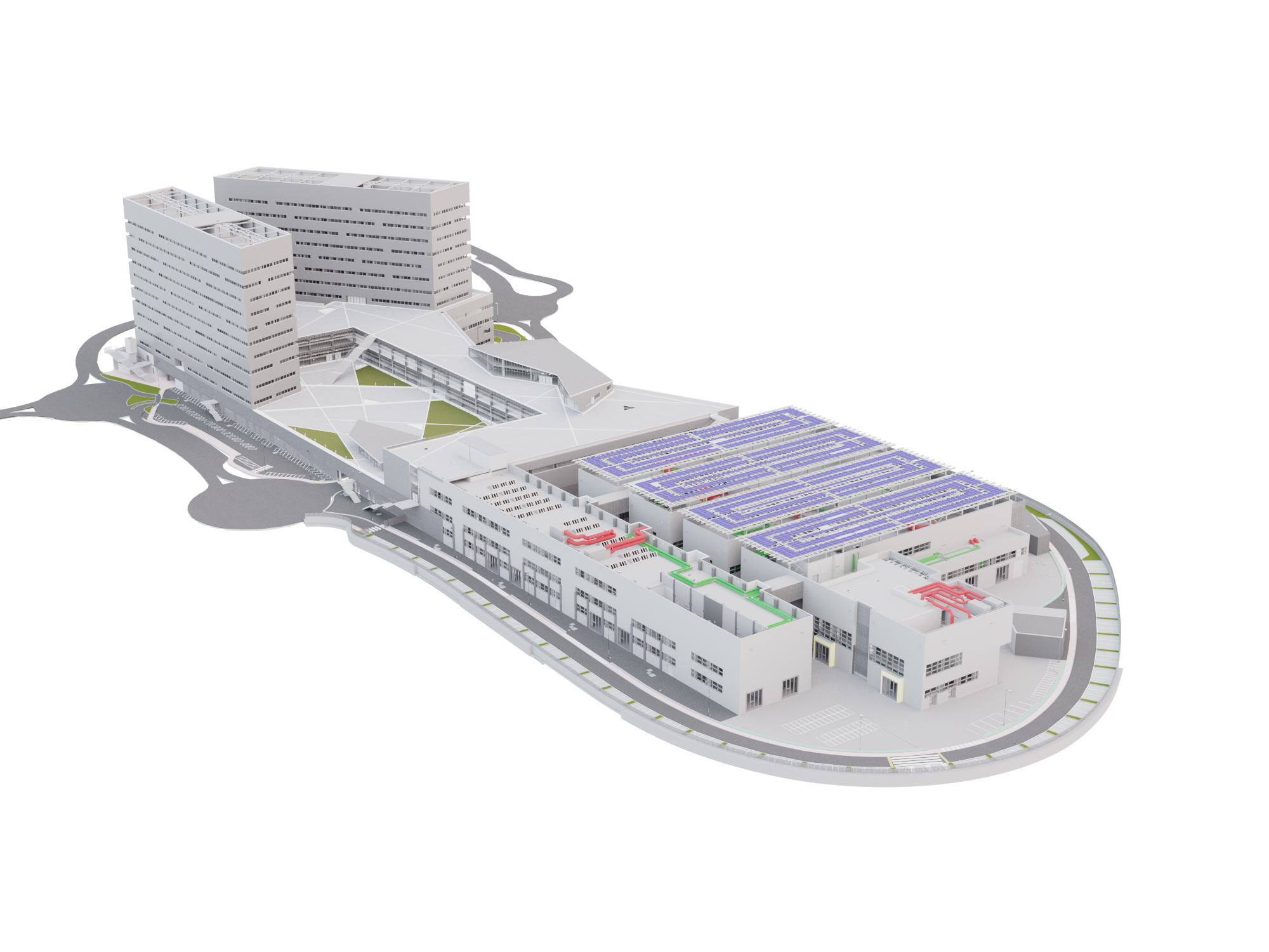 New Polytechnic School, Genoa. Detailed 3D model of the Great Campus park, featuring multi-storey buildings, photovoltaic roofs, green courtyards, and highlighted technical infrastructures, shown in perspective view to illustrate the spatial and technological organization of the complex.