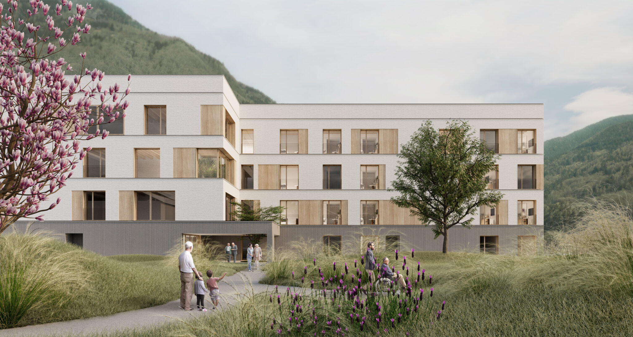 New Care Home, Edolo. Architectural rendering of an assisted living facility surrounded by greenery, featuring a clean façade with light plaster and wooden window frames. The landscaped garden includes winding paths and diverse users—children, elderly individuals, and wheelchair users—conveying a welcoming, accessible, and intergenerational environment.