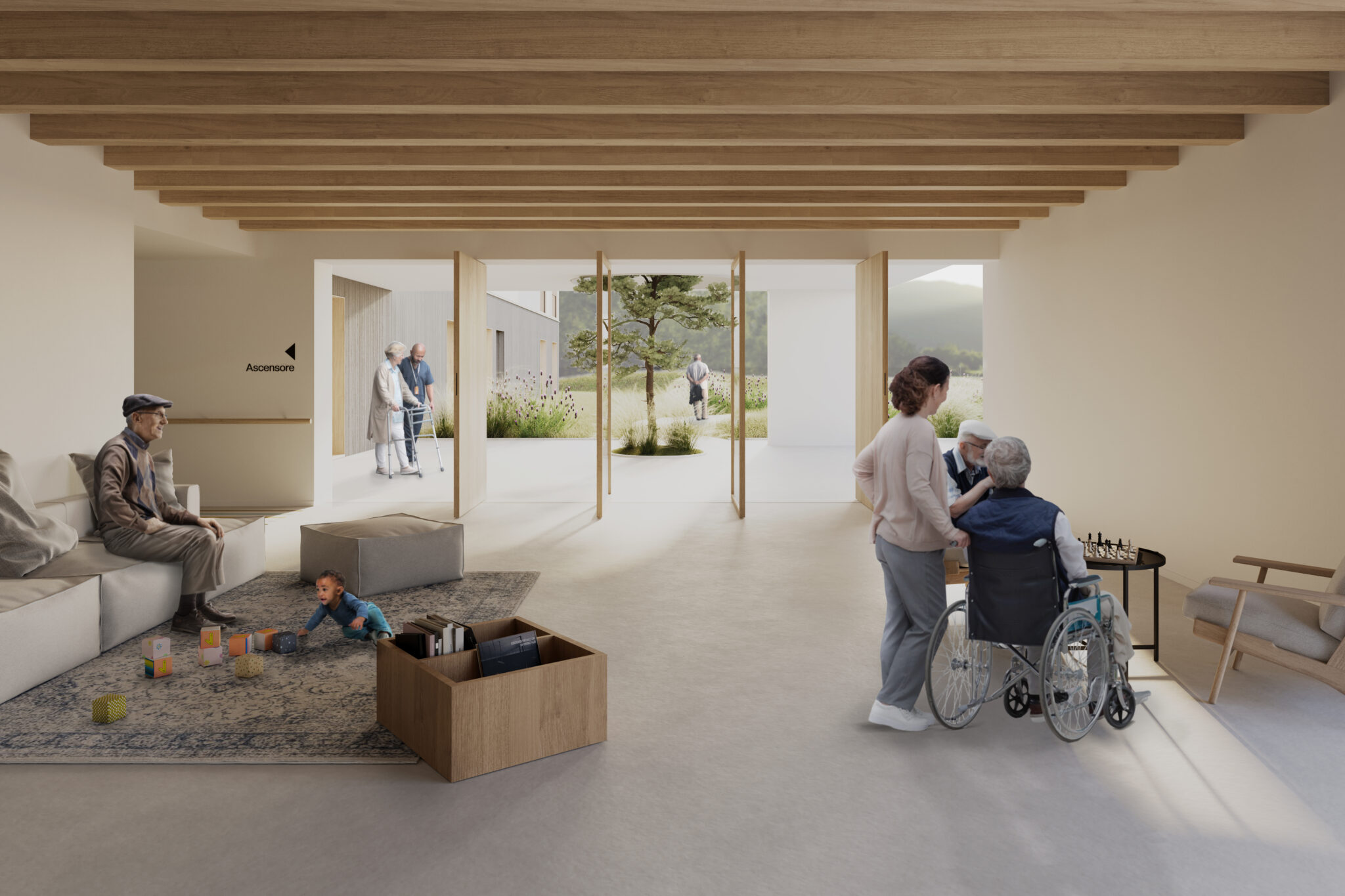 New Care Home, Edolo. Rendering of a common area in an assisted living facility, featuring welcoming furnishings, natural light, and a view of a garden. The space is shared by elderly residents, caregivers, and a child, highlighting an inclusive, intergenerational, and wellness-oriented environment. Natural elements, warm materials, and accessibility shape the atmosphere.