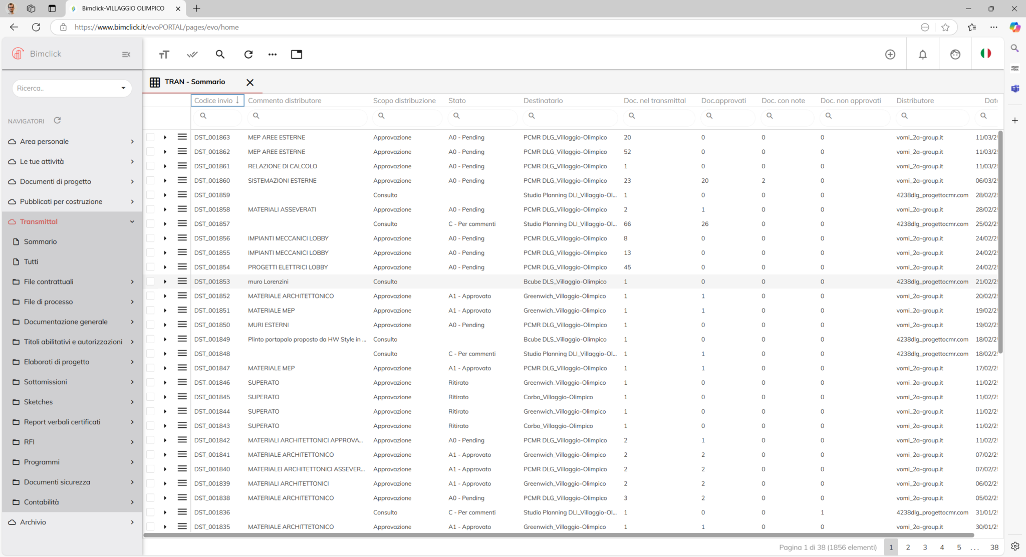 Screenshot of the Bimclick portal, "Transmittal – Summary" section for the VILLAGGIO OLIMPICO project. It displays a list of transmitted documents with details such as code, description, approval status, recipients, number of documents per transmittal, and date. The left sidebar menu lists categories such as contract files, general documentation, project drawings, and more.