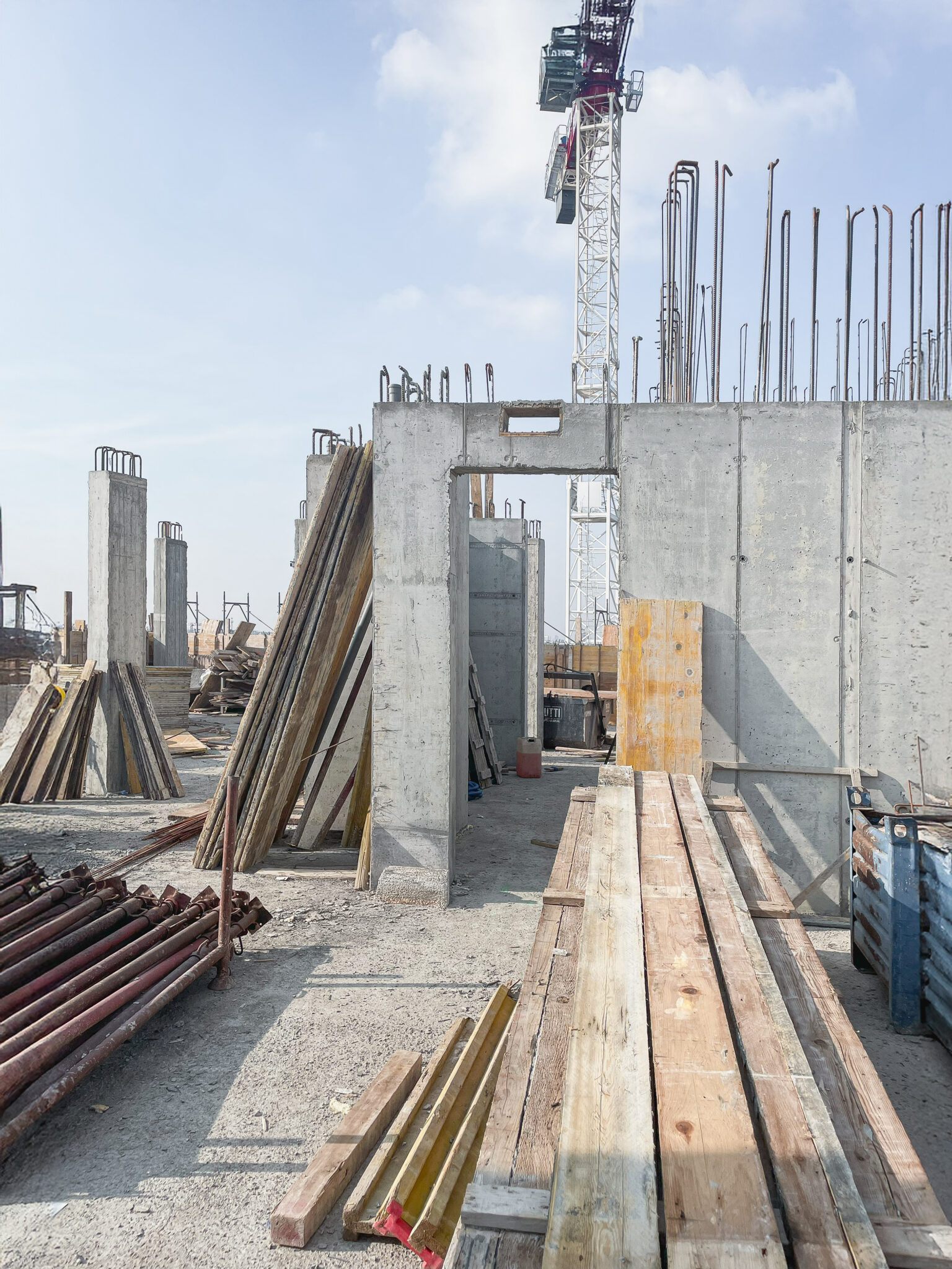BoscoNavigli, Milan. Reinforced concrete structure under construction, featuring pillars, protruding rebar, formwork panels, and a tower crane in the background, within an active construction site.