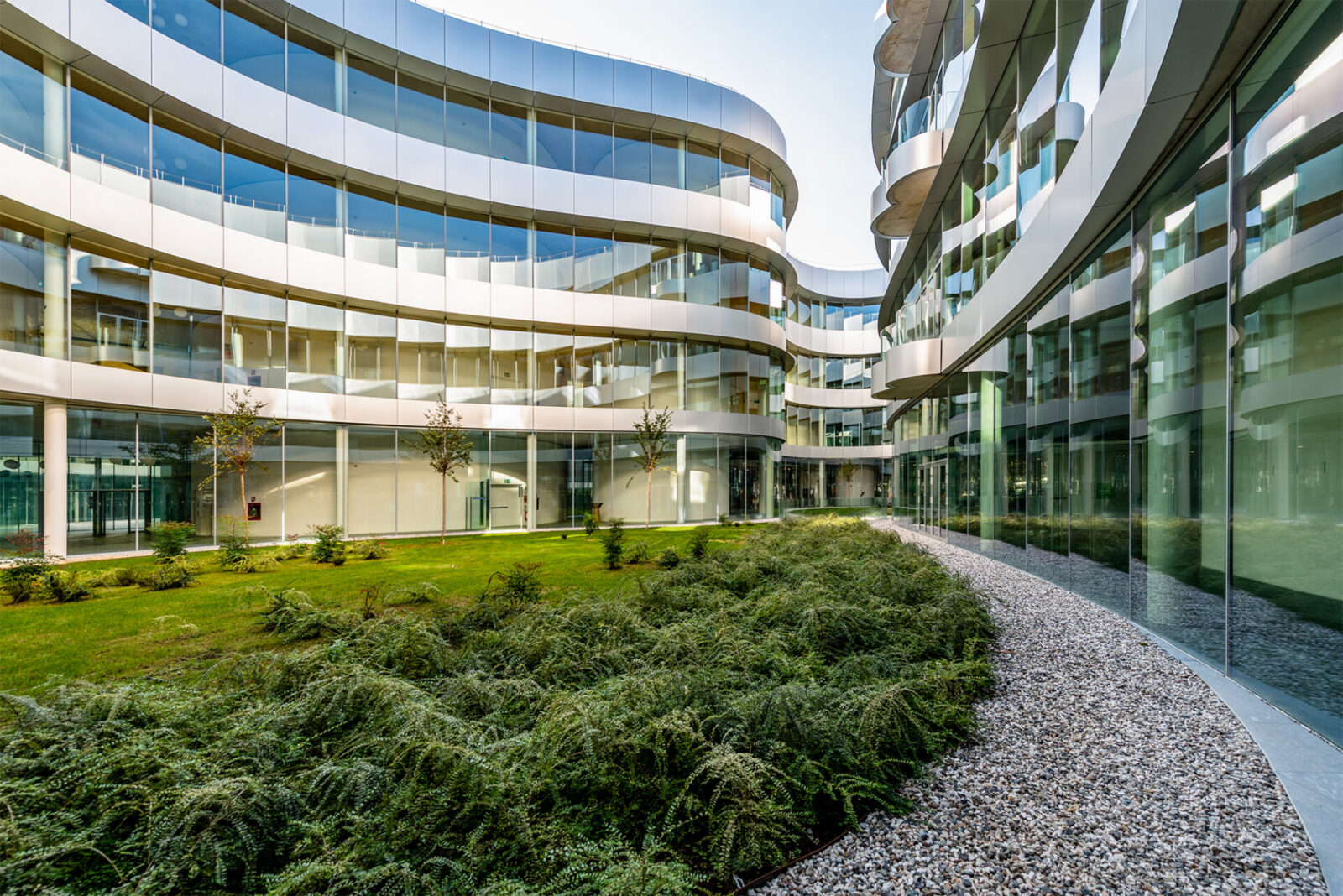 Campus Bocconi, Milan. View of the inner courtyard of the new university building, featuring continuous curved glass façades, a play of reflections and transparency, a landscaped central garden with vegetation, and a gravel pathway.