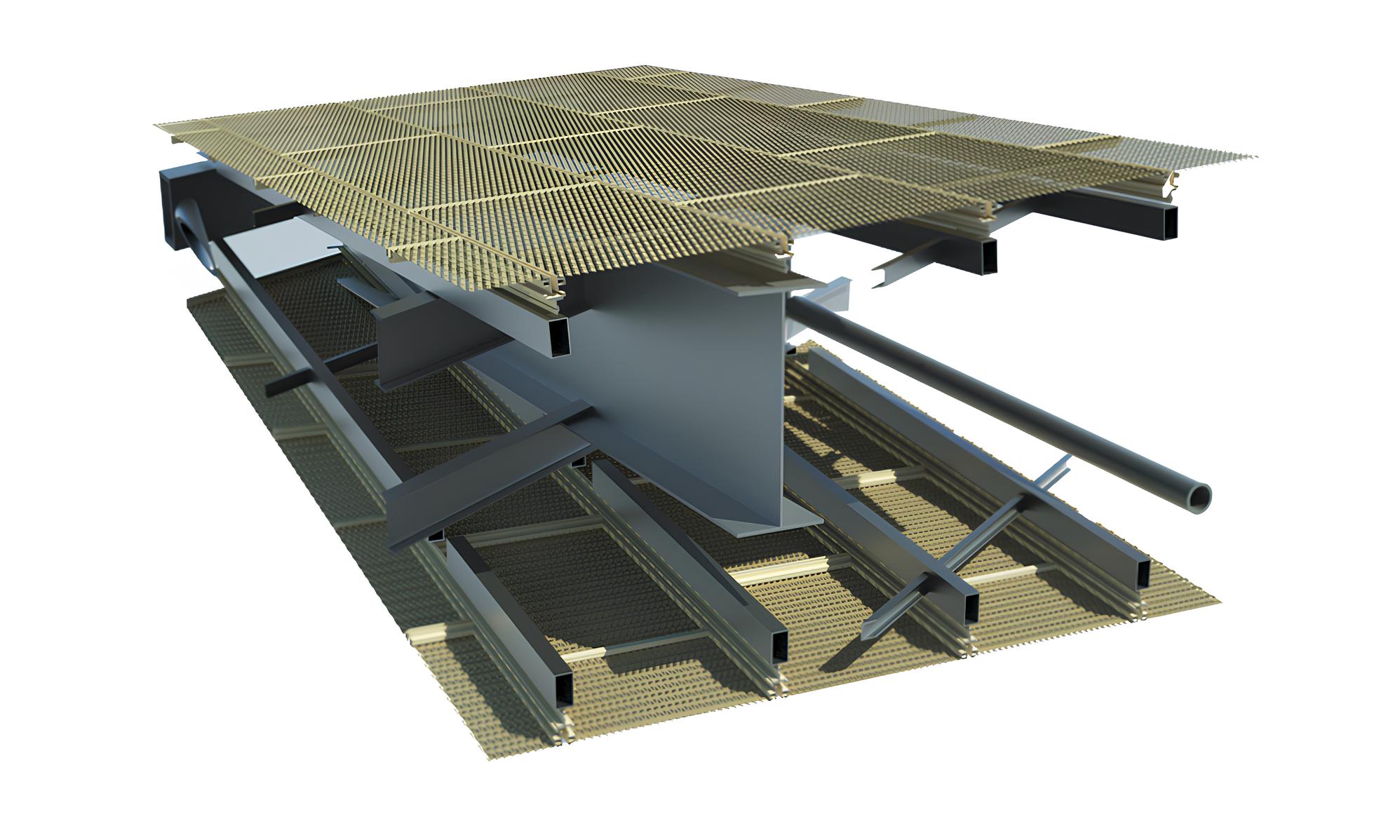 Exploded 3D model of a ventilated façade system with metal framework and perforated sheet cladding.