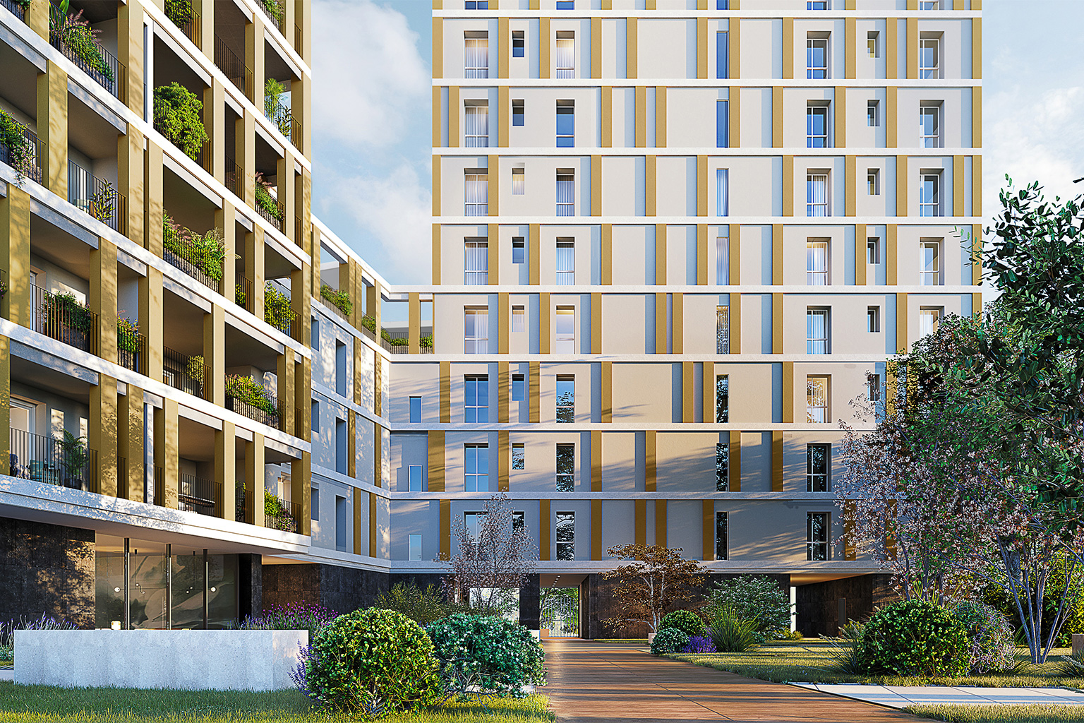 Balducciododici, Milano. Vista prospettica del cortile interno del complesso residenziale Balduccio, con facciate ritmate da cornici verticali color ocra e bianco, logge verdi ricche di vegetazione e percorsi pedonali immersi nel paesaggio curato.