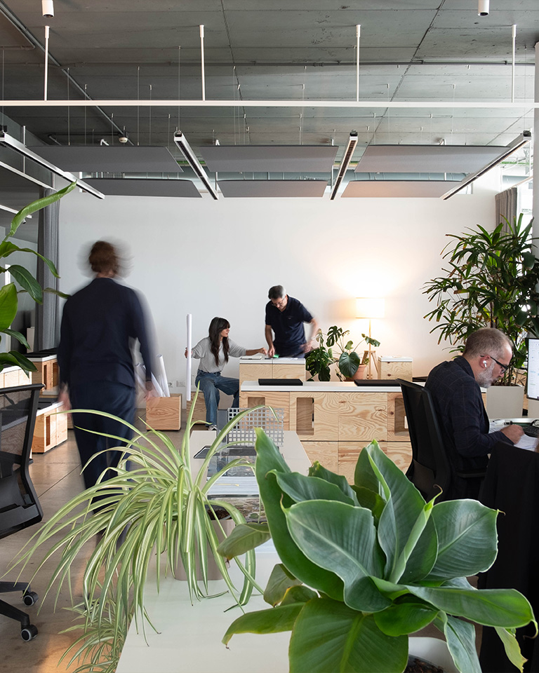 Open-plan workspace with people working, green plants, and natural wood furnishings.