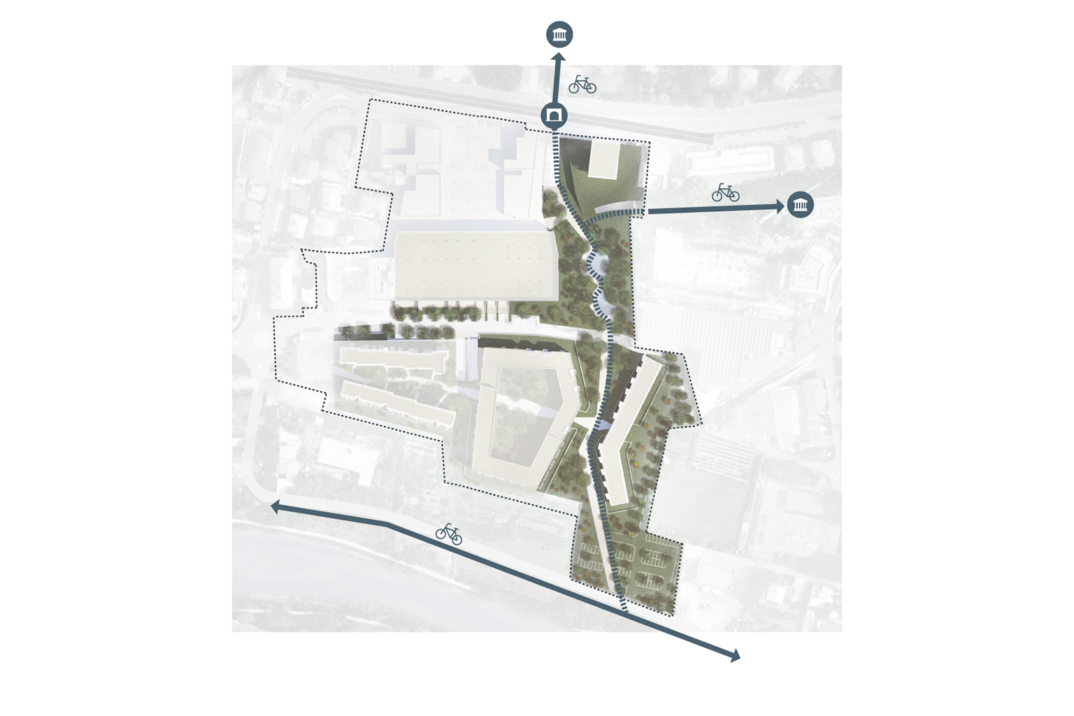 Concesio, Brescia. Schematic map of the urban development project for Concesio, highlighting the main pedestrian and cycling connections and urban links to cultural hubs and surrounding public areas.