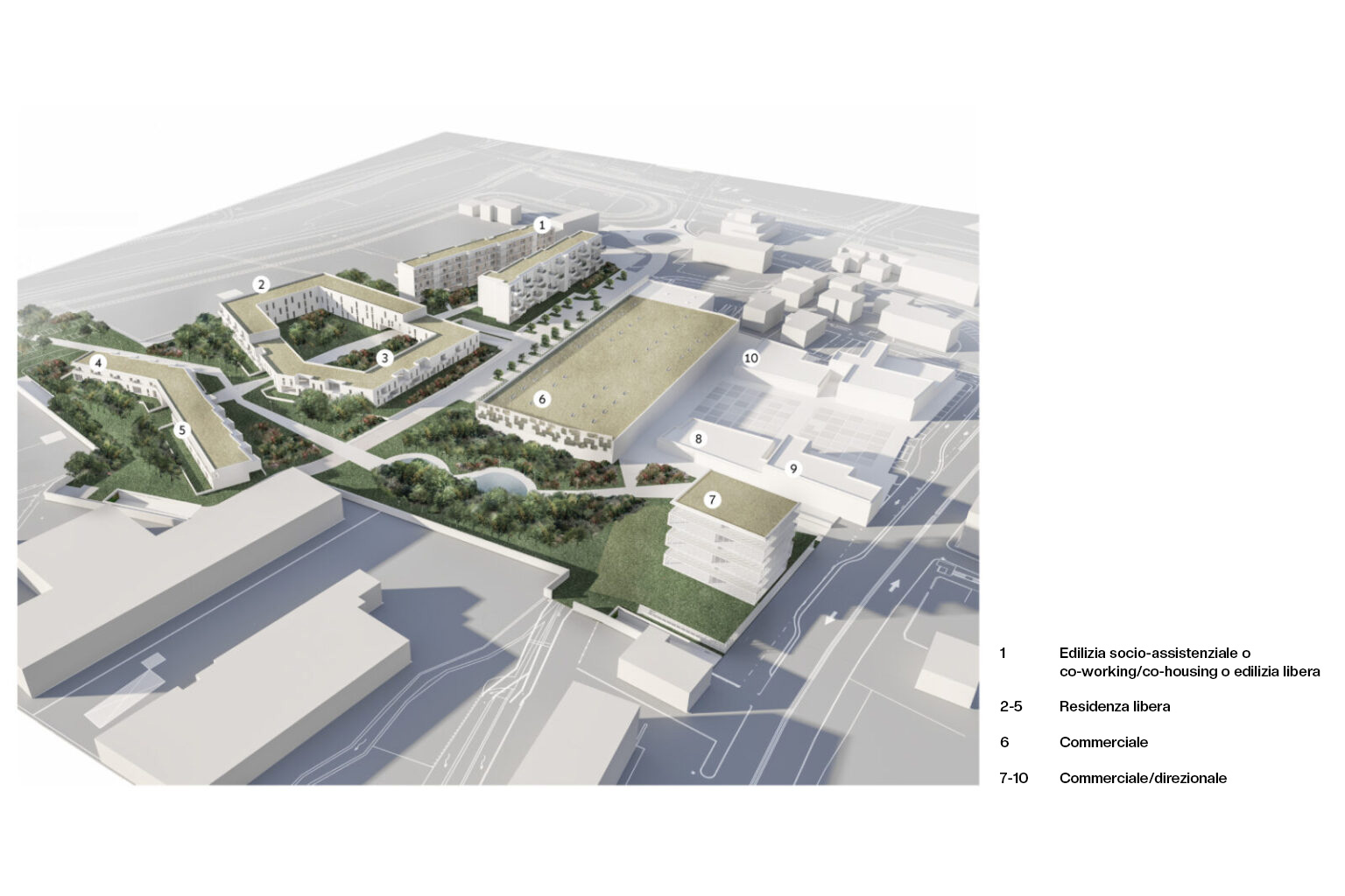 Concesio, Brescia. Planimetric rendering of the urban masterplan for Concesio, showing the functional distribution into buildings for free-market housing (2–5), social-care or co-housing/residential units (1), commercial spaces (6), and commercial/office destinations (7–10), all integrated into a green and well-connected context.