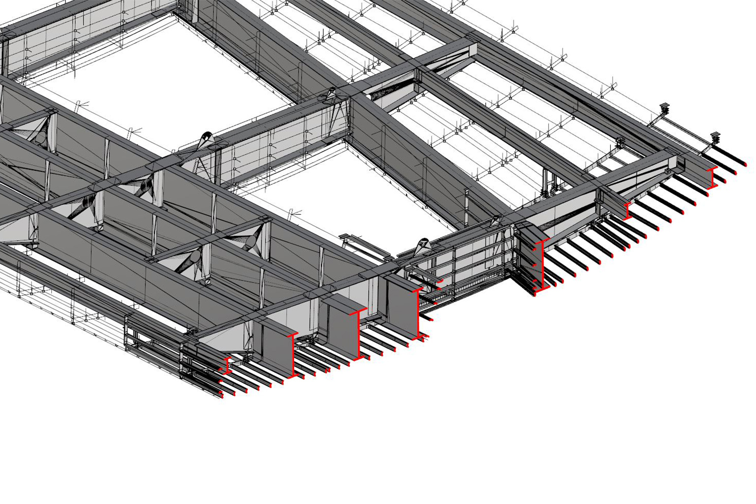Cittadella Bridge, Alessandria. Three-dimensional BIM model of the Cittadella Bridge structure, featuring detailed steel trusses and red-highlighted connections, used for engineering development and technical validation of the project.