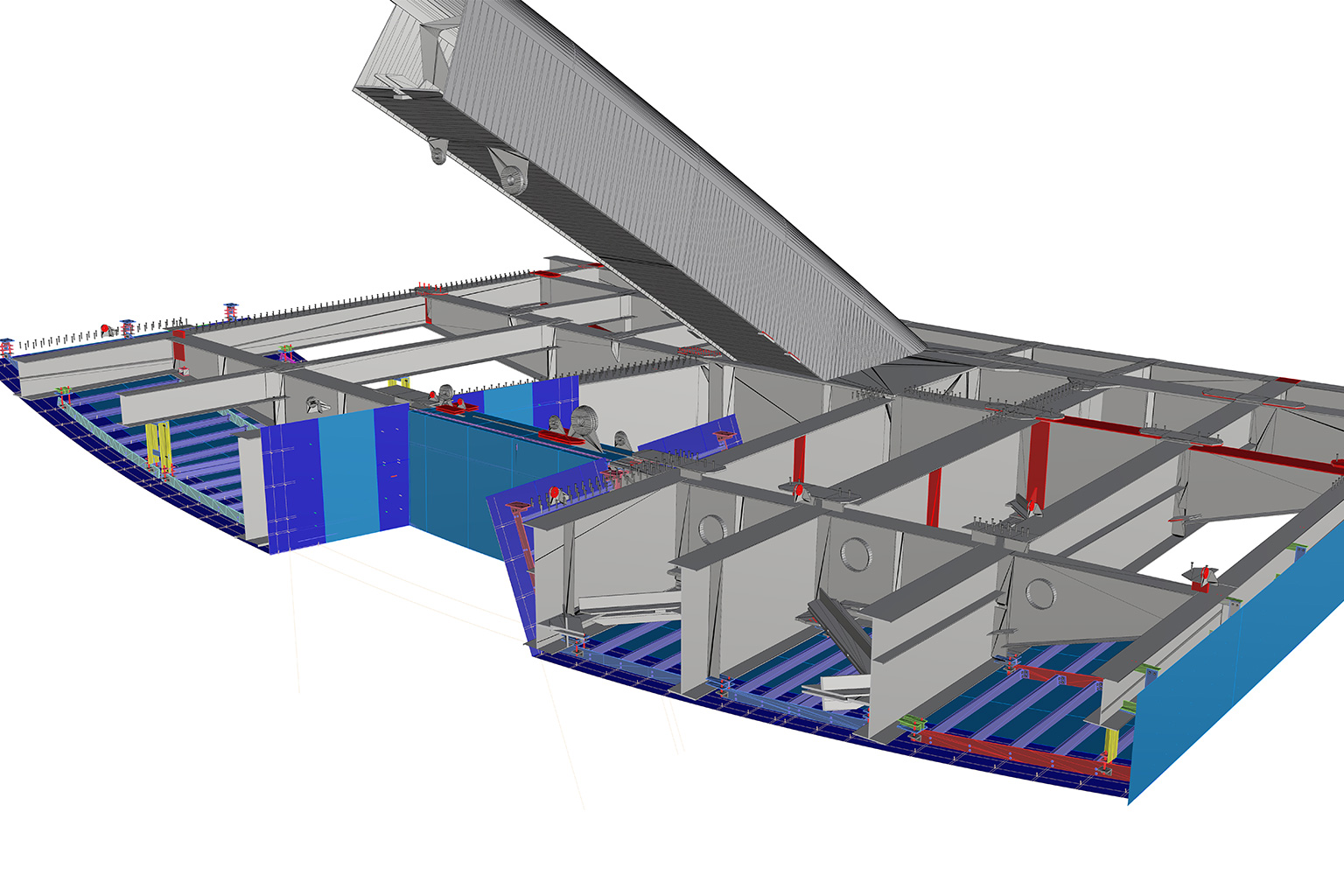 Cittadella Bridge, Alessandria. Technical rendering of the BIM model of the Cittadella Bridge, showing an exploded view of the structural section with details of the metal components, connection systems, and the lifting mechanisms of the movable deck.