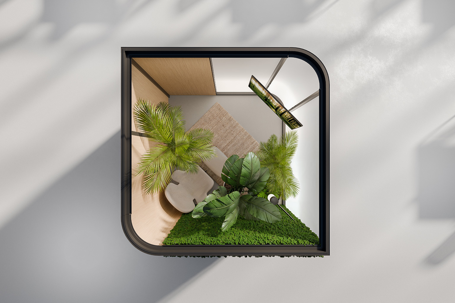 Restpod, brixia. Top-down view of a compact and modular space with curved glass walls, integrated greenery, ergonomic seating, and light wood finishes, designed as a relaxation area.