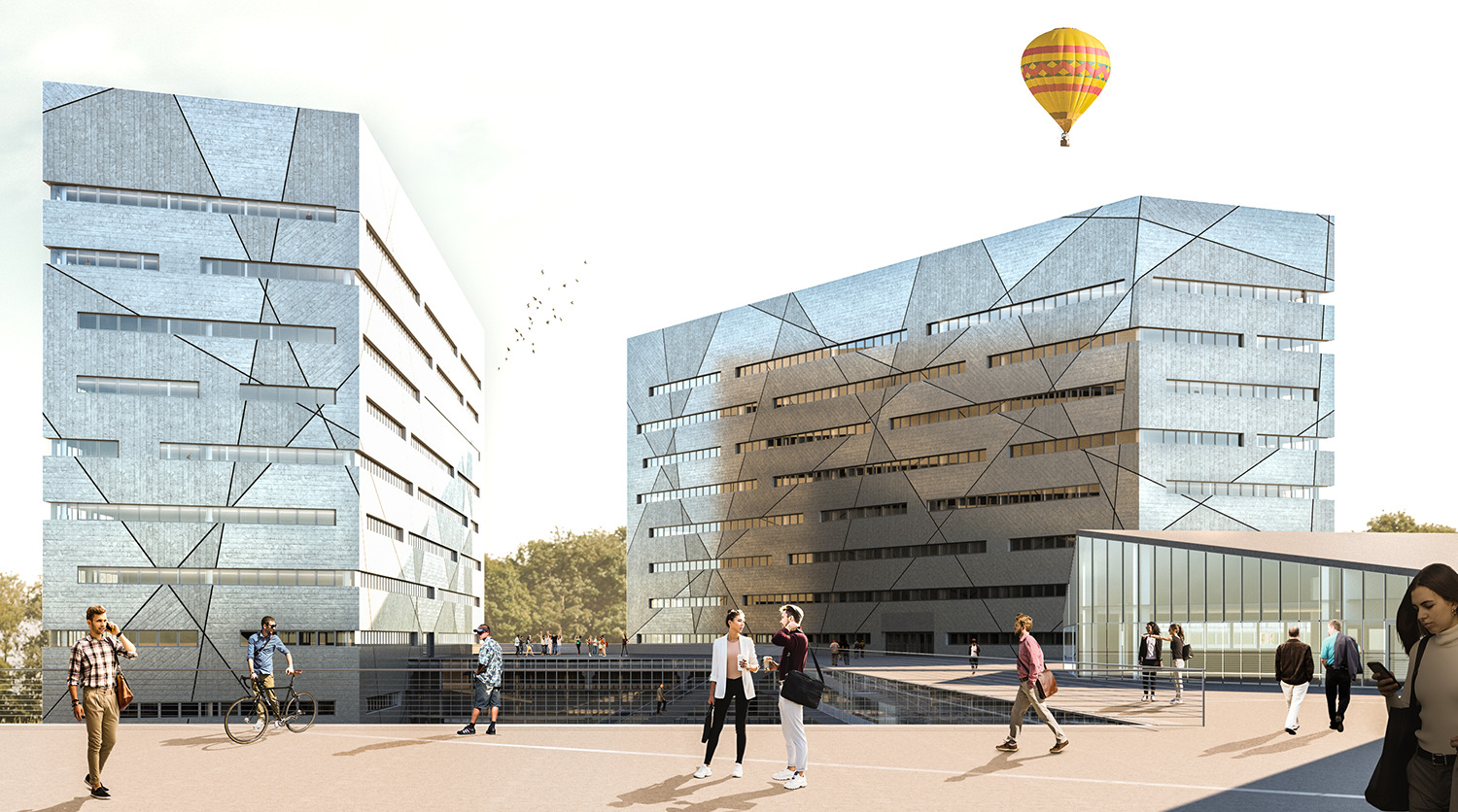 New Polytechnic School, Genoa. Exterior rendering of the new university complex in Genoa, featuring two exposed concrete towers marked by black geometric incisions, a public square animated by people, and a hot air balloon in the background against a clear sky.