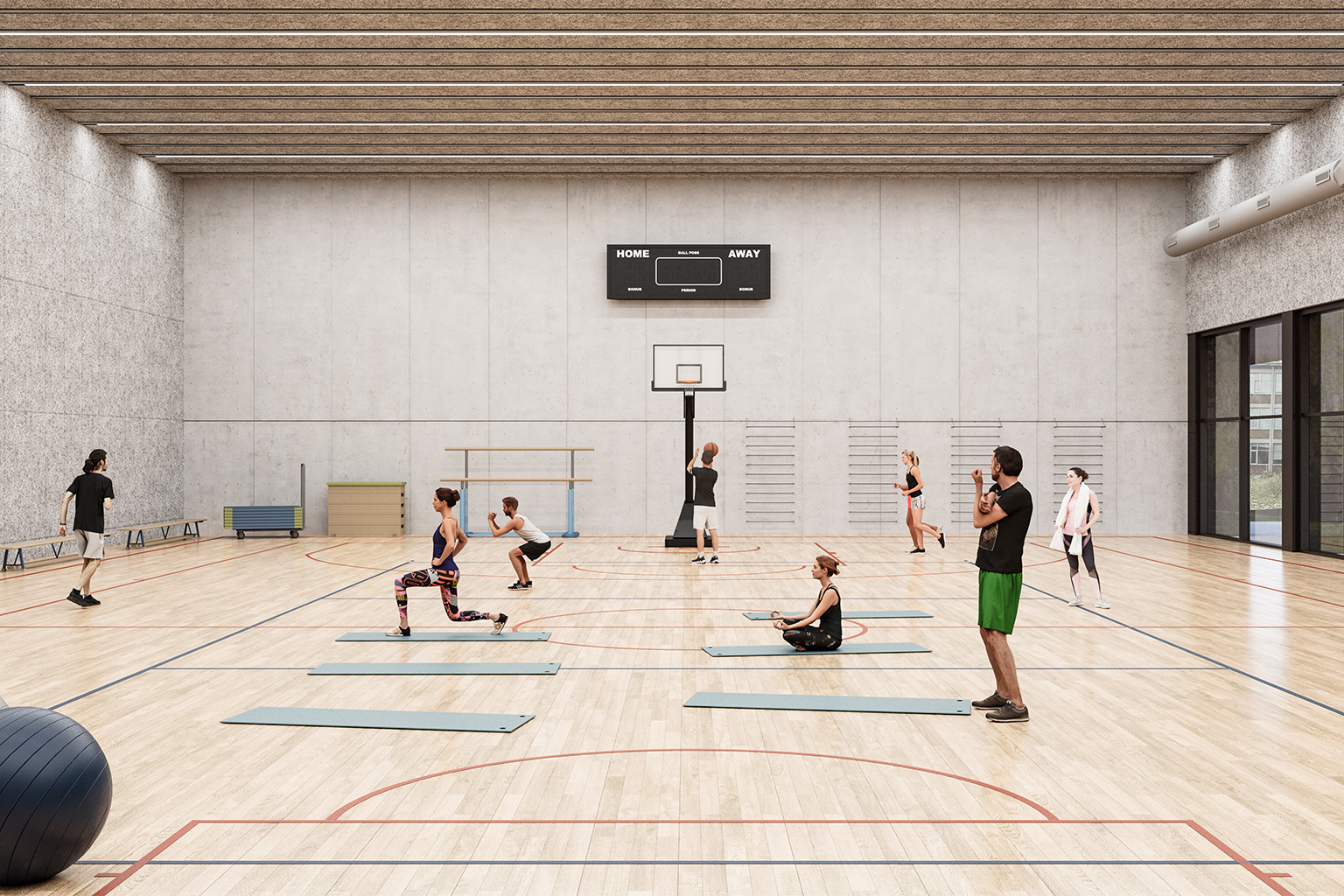 IIS Tartaglia-Olivieri, Brescia. Interior rendering of the new gymnasium at IIS Tartaglia-Olivieri, featuring wooden sports flooring, acoustic wall panels, gym equipment, and students engaged in various physical activities.