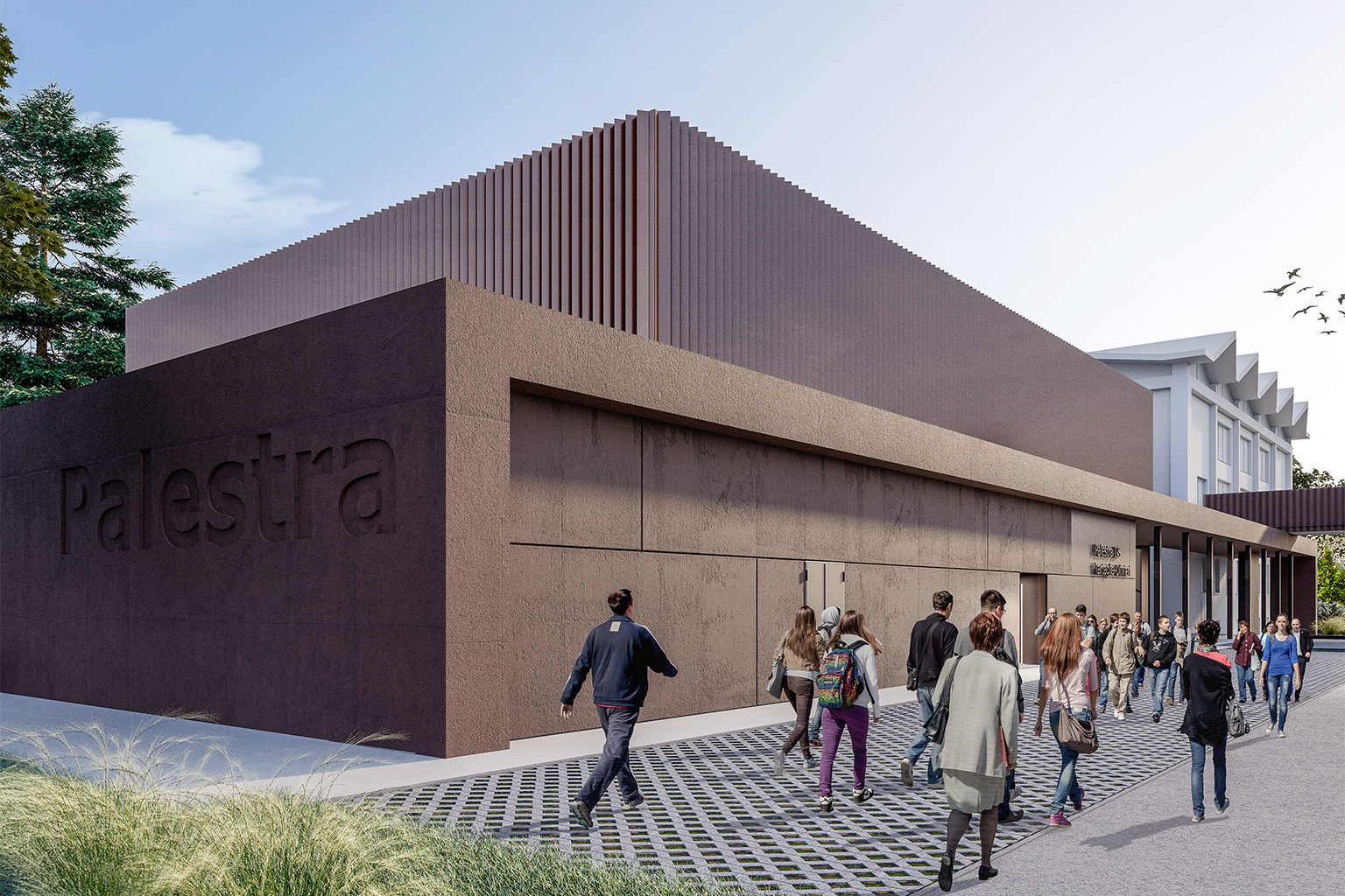 IIS Tartaglia-Olivieri, Brescia. Rendering of the new gymnasium at the Tartaglia-Olivieri school complex, featuring a textured concrete façade, an upper volume articulated by vertical elements, and students entering the building.