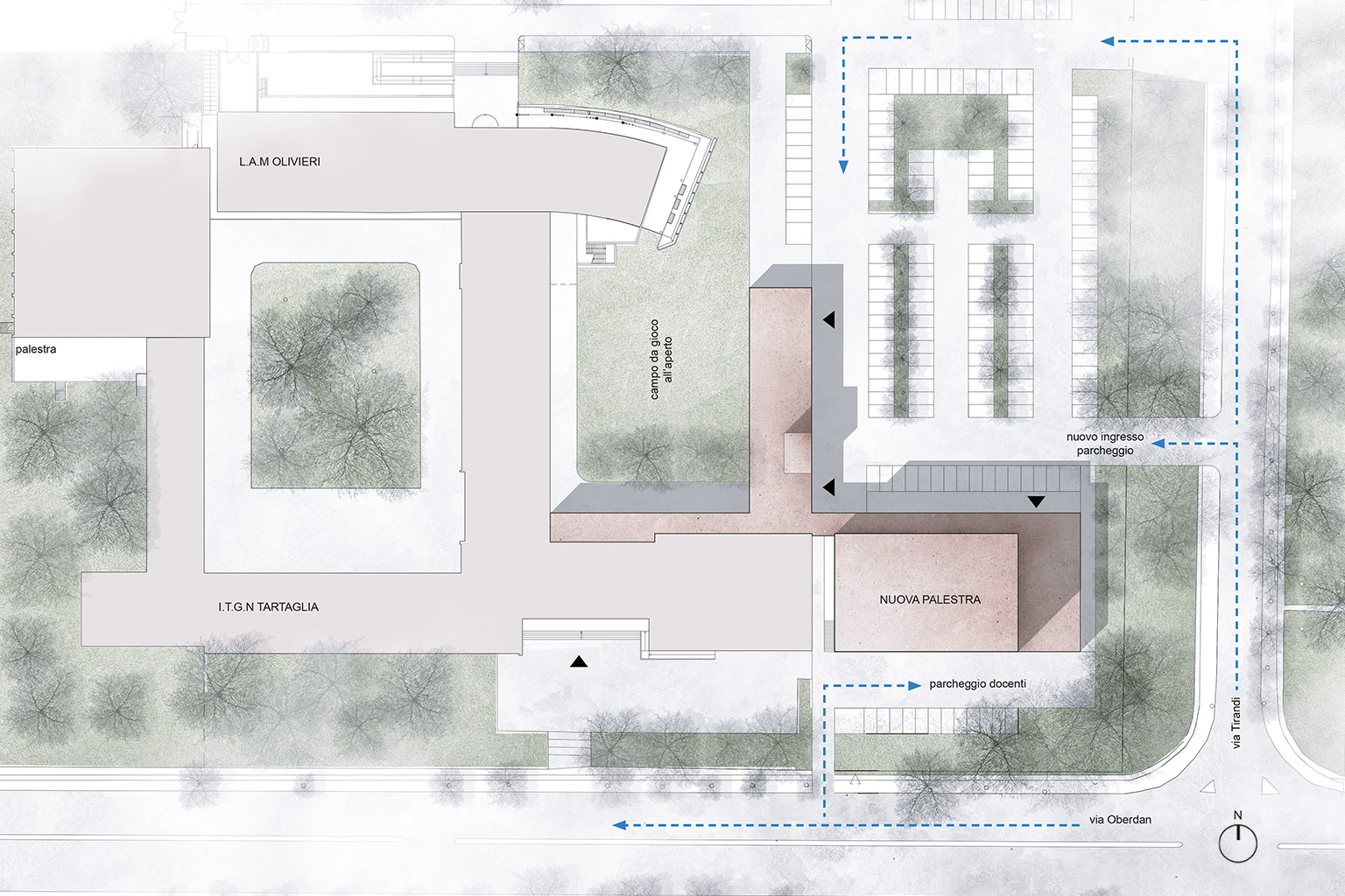 IIS Tartaglia-Olivieri, Brescia. General site plan of the intervention at the Tartaglia-Olivieri school complex, showing the new gymnasium, green areas, pedestrian paths, parking lots, and vehicle access points.