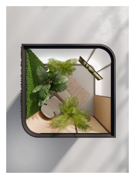Restpod, brixia. Top-down view of a compact and modular space with curved glass walls, integrated greenery, ergonomic seating, and light wood finishes, designed as a relaxation area.