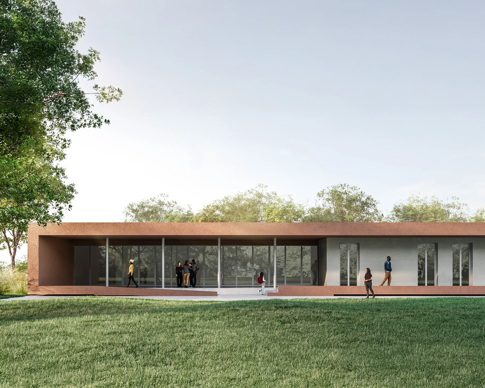 Render frontale della Nuova Casa dell'Accoglienza di via Corridoni a Brescia, un edificio contemporaneo a un piano con copertura piana e lunga pensilina continua in tonalità terracotta. La facciata alterna ampie vetrate a superfici piene, con un portico scandito da sottili colonne. Alcune persone camminano e sostano lungo il prospetto, mentre in primo piano si estende un prato verde e sullo sfondo si intravedono alberi in una giornata luminosa.